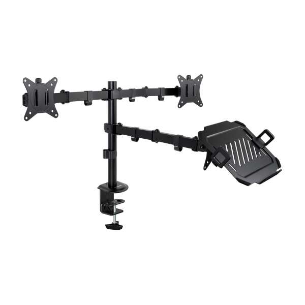 Tooq Soporte de Mesa para 2 Monitores de 17"-32" + Bandeja para Portatil - Gestion de Cables - Peso Max 9kg x Brazo - VESA 100x100mm