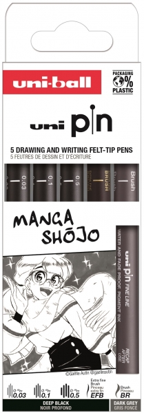 Uni-ball Uni Pin Manga Shojo Pack de 5 Rotuladores Calibrados 0.03, 0.1, 0.5, Brush Gris y EFB Negro - Punta Poliacetal - Tinta Pigmentada Resistente al Agua y Luz - Colores Negro y Gris Oscuro