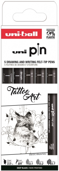 Uni-ball Uni Pin Tattoo Art Pack de 5 Rotuladores Calibrados 0.1, 0.2, 0.7, 1.0, Brush y Chisel 3.0 - Punta Poliacetal - Tinta Pigmentada Resistente al Agua y Luz - Color Negro