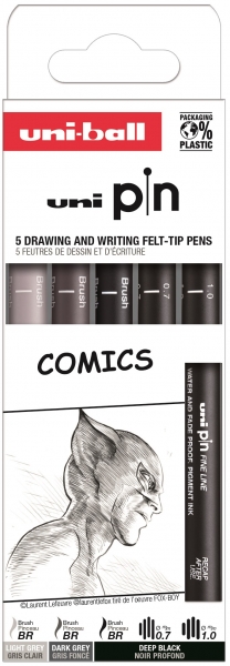 Uni-ball Uni Pin Comics Pack de 5 Rotuladores Calibrados 0.7, 1.0 y Brush - Punta Poliacetal - Tinta Pigmentada Resistente al Agua y Luz - Colores Negro y Gris