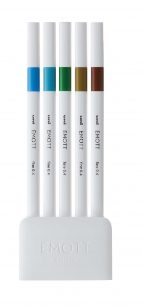 Uni-ball PEM-SY Set Nº4 Emott Island Colors Pack de 5 Rotuladores de Linea Fina - Punta 0.4mm - Tinta a Base de Agua - Diseño Innovador - Ancho de Linea Constante - Colores Surtidos