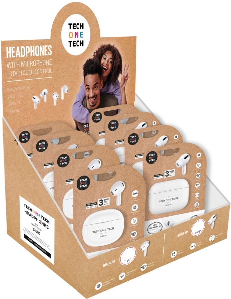 TechOneTech Expositor de 8 Auriculares Inalambricos Bluetooth TWS - Sonido HI-FI - 4 Modelos con Almohadilla y 4 Modelos sin Almohadilla - Color Blanco