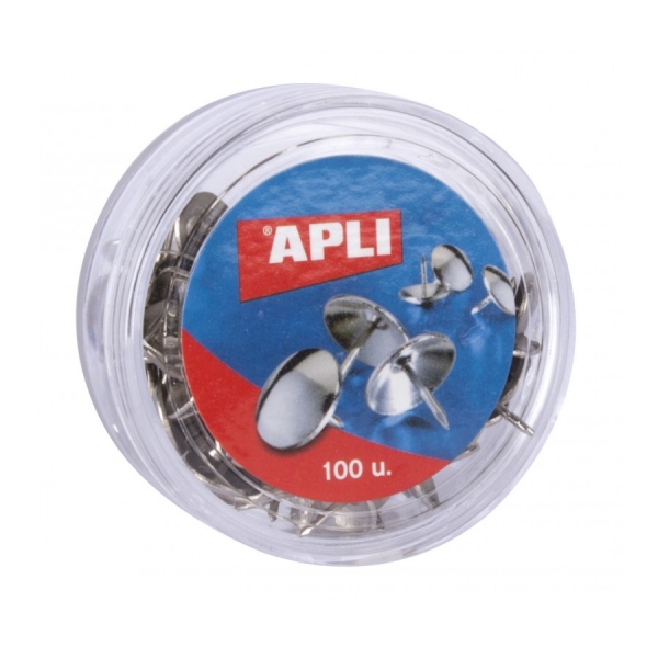 Apli Caja de 100 Chinchetas Niqueladas Ø 10mm - Cabeza Redondeada - Puntas Afiladas - Ideal para Corcho, Paredes, Tapicerias y Madera - Color Plata