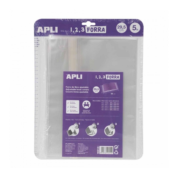 Apli Pack de 5 Fundas Transparentes de Polipropileno - Solapa Autoajustable - Facil Forrado en 3 Pasos - Sin Necesidad de Cortar ni Usar Cinta Adhesiva