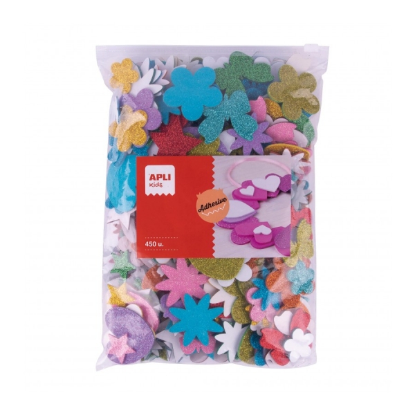 Apli Pack de 450 Formas de Goma EVA Adhesiva con Purpurina - Estrellas, Corazones, Flores y Mariposas - Grosor 2mm - Cierre Zip Mejorado - Ideal para Manualidades y Escuelas - Colores Surtidos