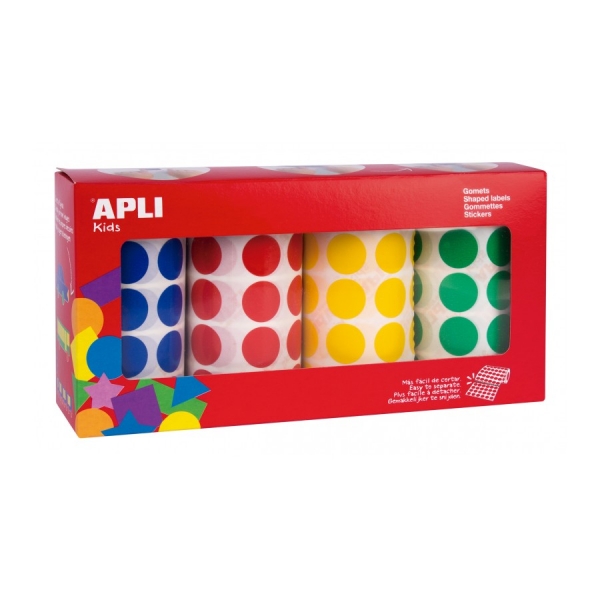 Apli Pack de 4 Rollos de Gomets Redondos Ø 20mm - 1770 Gomets por Rollo - Adhesivo Permanente - 7080 Gomets en Total - Ideales para Escuelas Infantiles - Colores Azul, Rojo, Amarillo y Verde