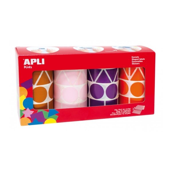 Apli Pack con 4 Rollos de Gomets Geometricos XL - 1357 Gomets por Rollo - Adhesivo Permanente - 5.428 Gomets en Total - Ideales para Escuelas Infantiles - Colores Marron, Rosa, Lila y Naranja