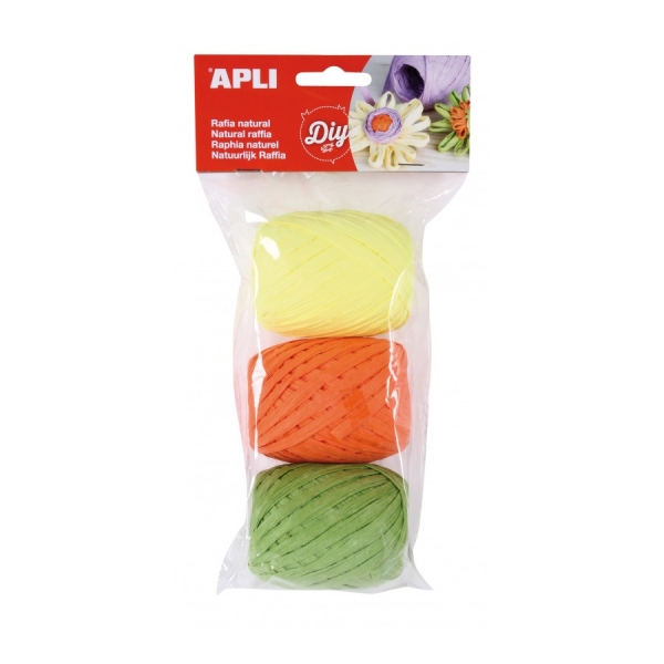 Apli Pack de 3 Ovillos de Rafia Natural Fluor - Ideal para Manualidades y Decoraciones - Versatil para Ramos, Velas, Tarjetas, Bisuteria y Mas - Colores Surtidos