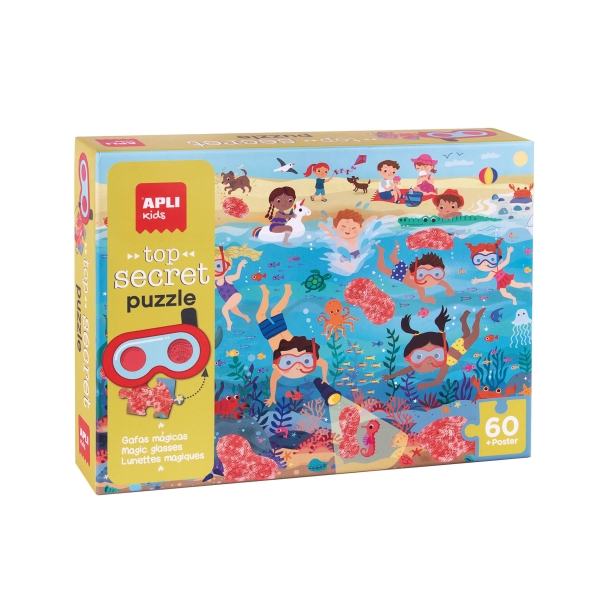 Apli Top Secret Puzzle de 60 Piezas 6x6cm - Tematica Playa - Usa las Gafas para Descubrir Zonas Secretas - Poster para Facilitar Montaje - Recomendado para Niños a partir de 4 Años