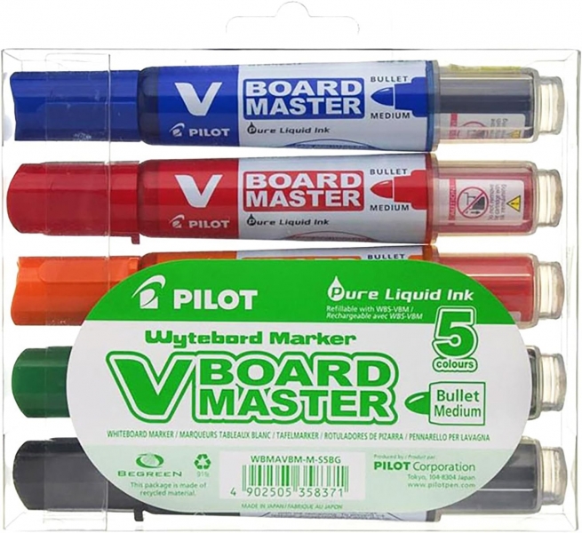 Pilot V-Board Master Begreen Pack de 5 Rotuladores para Pizarra Blanca - Punta Redonda 6mm - Trazo 2.3mm - 91% Plastico Reciclado - Recargable - Colores Surtidos