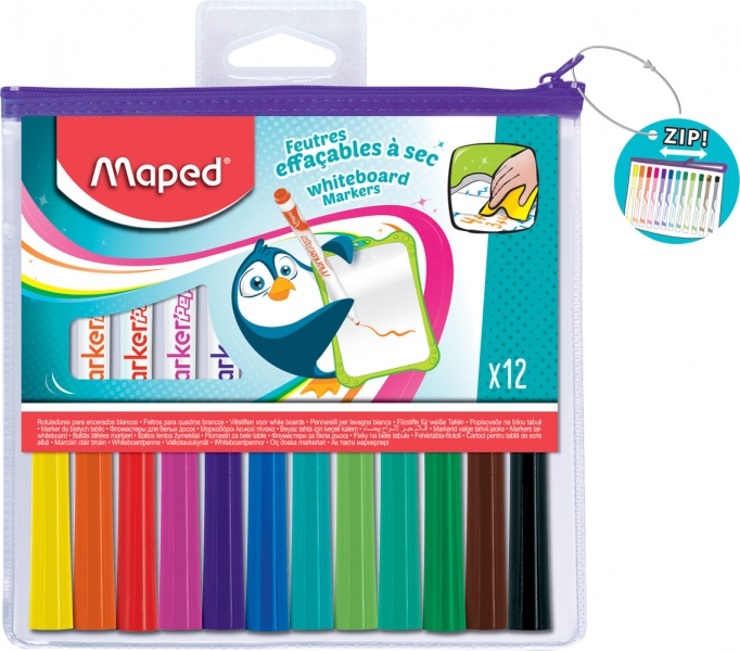 Maped Marker'Peps Pack de 12 Rotuladores para Pizarra Blanca - Punta de Bala 1.5mm - Borrado en Seco - Practica Bolsa con Cremallera - Colores Surtidos