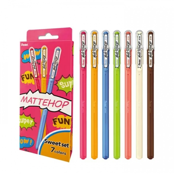 Pentel Mattehop Sweet Pack de 7 Boligrafos de Bola - Punta 1mm - Trazo 0.5mm - Tinta de Gel Opaca - Fabricado con 55% de Materiales Reciclados - Colores Surtidos