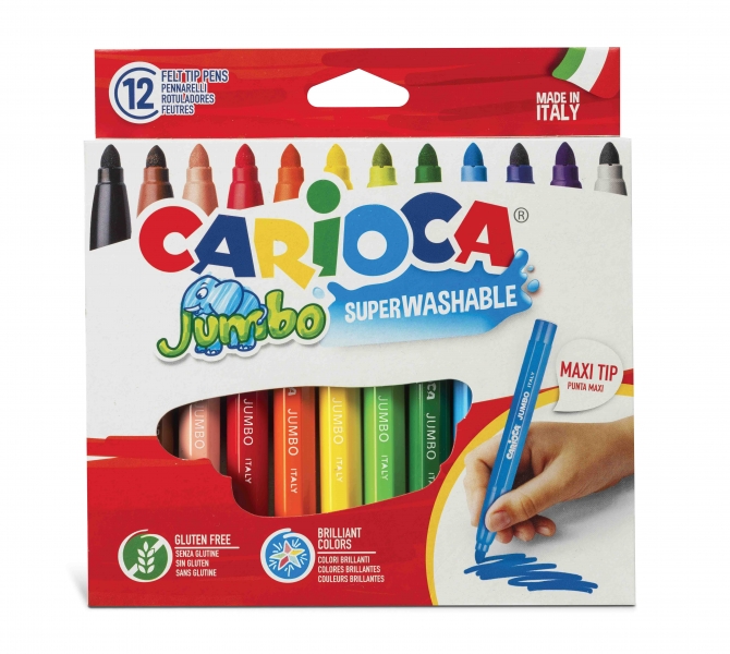 Carioca Jumbo Pack de 12 Rotuladores - Cuerpo Octogonal Maxi - Tinta Superlavable - Punta Maxi 6mm Bloqueada - Tapa Ventilada - Color Varios