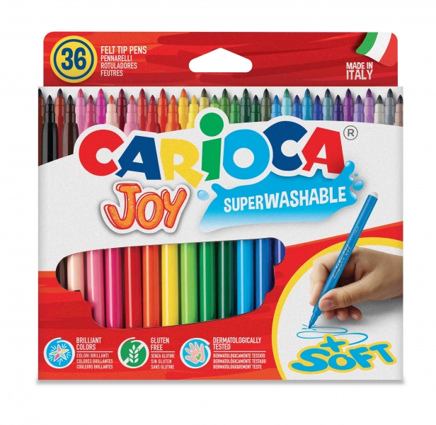 Carioca Joy Pack de 36 Rotuladores - Tinta Superlavable - Punta Fina 2.8mm - Punta Bloqueada - Tapa Ventilada - Color Varios