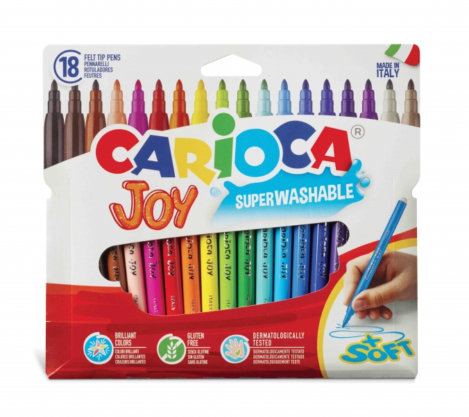 Carioca Joy Pack de 18 Rotuladores - Tinta Superlavable - Punta Fina 2.8mm - Bloqueada - Tapa Ventilada - Color Varios