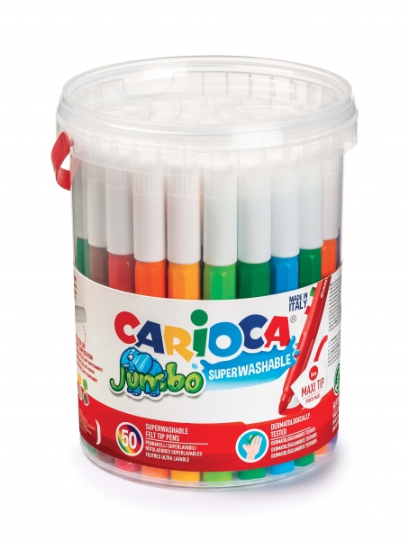 Carioca Jumbo Pack de 50 Rotuladores - Cuerpo Octogonal Maxi - Tinta Superlavable - Punta Maxi 6mm Bloqueada - Tapa Ventilada - Color Varios