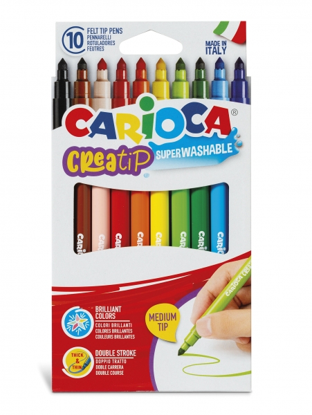 Carioca Creatip Pack de 10 Rotuladores - Tinta Superlavable - Punta Media con Doble Carrera - Punta Bloqueada y con Tapa Ventilada - Color Varios