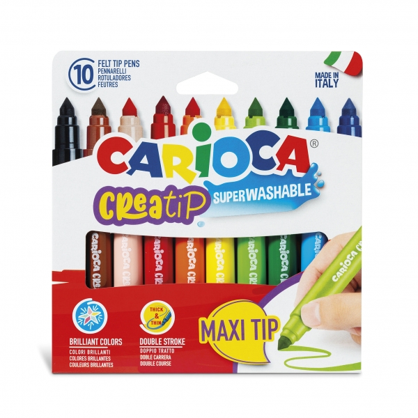 Carioca Creatip Maxi Pack de 10 Rotuladores - Tinta Superlavable - Punta Maxi con Doble Carrera - Punta Bloqueada y con Tapa Ventilada - Color Varios