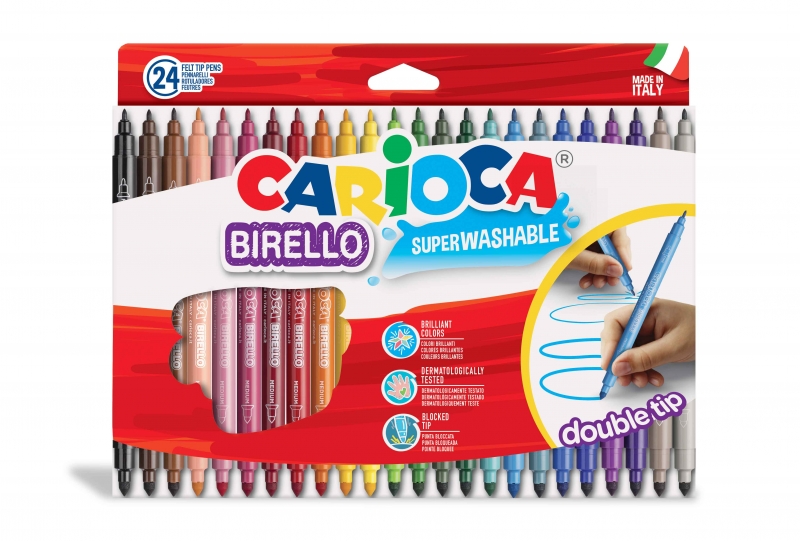 Carioca Birello Pack de 24 Rotuladores - Doble Punta Fina y Media - Tinta Superlavable No Toxica - Lavable de la Piel y Tejidos con Agua y sin Jabon - Color Varios