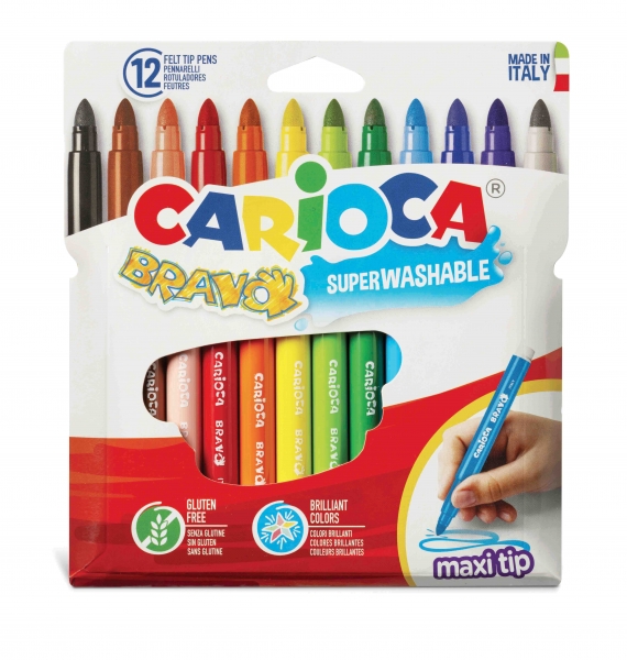 Carioca Bravo Pack de 12 Rotuladores - Cuerpo Octogonal Maxi - Tinta Superlavable - Punta Maxi 6mm Bloqueada - Tapa Ventilada - Color Varios