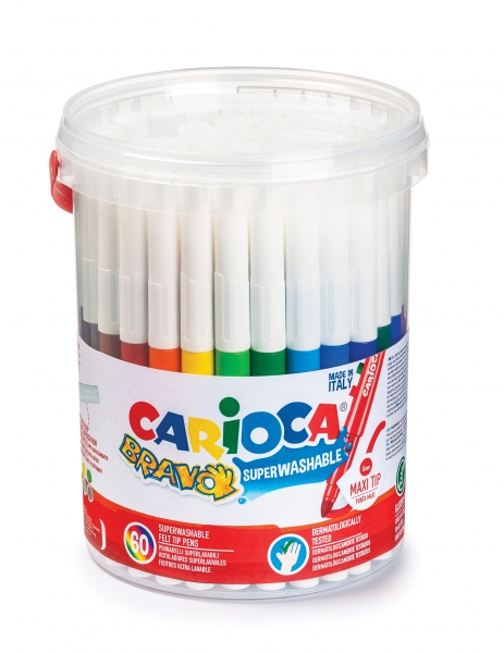 Carioca Bravo Pack de 60 Rotuladores - Cuerpo Octogonal Maxi - Tinta Superlavable - Punta Maxi 6mm Bloqueada - Tapa Ventilada - Color Varios