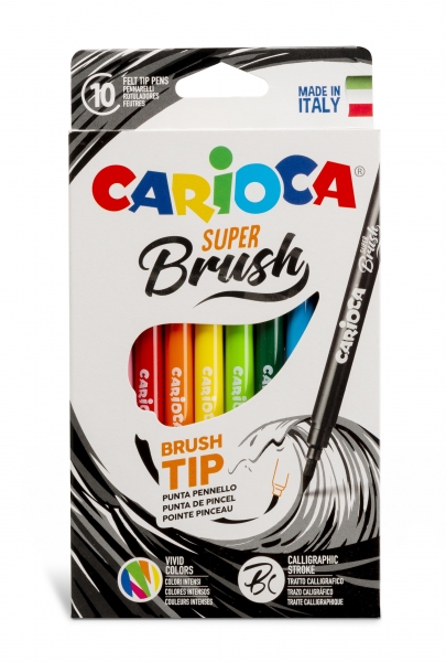 Carioca Super Brush Pack de 10 Rotuladores - Punta Pincel Suave y Flexible - Tinta Lavable - Colores Super Brillantes - Perfecto para Caligrafia y Lettering - Color Varios