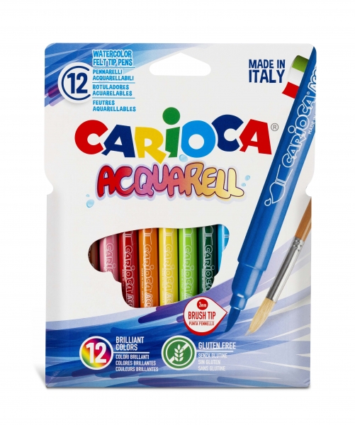 Carioca Acquarell Pack de 12 Rotuladores Acuarelables - Punta Pincel Bloqueada - Tinta Lavable - Colores Difuminables con Agua y Pincel - Recomendado para Papel de Dibujo - Color Varios