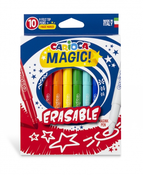 Carioca Magic Markers Pack de 10 Rotuladores Magicos Erasable - Tinta Magica Cambia de Color - Incluye Rotulador Magink para Borrar - Punta Maxi Bloqueada y con Tapa Ventilada - Color Varios