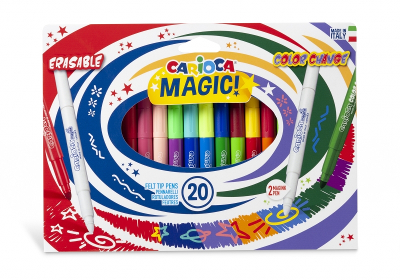 Carioca Magic Markers Pack de 20 Rotuladores Magicos - Tinta Magica Cambia de Color - Incluye Rotulador Magink para Cambiar o Borrar Colores - Punta Maxi Bloqueada con Tapa Ventilada - Color Varios