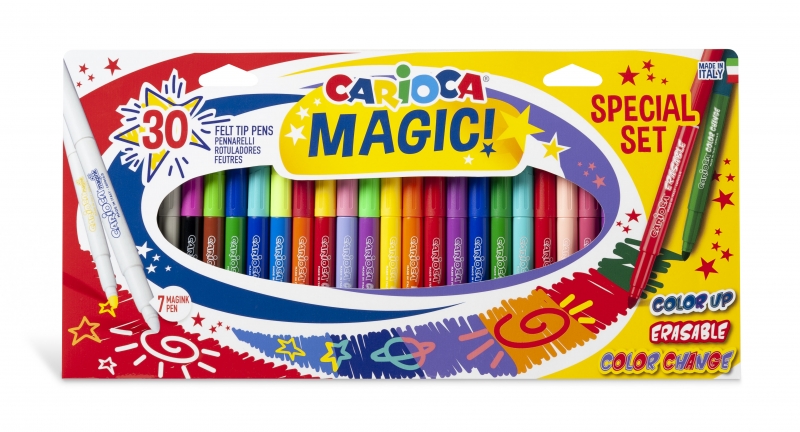 Carioca Magic Markers Pack de 30 Rotuladores Magicos - Tinta Magica Cambia de Color - Incluye Rotulador Magink para Cambiar o Borrar Colores - Punta Maxi Bloqueada con Tapa Ventilada - Color Varios