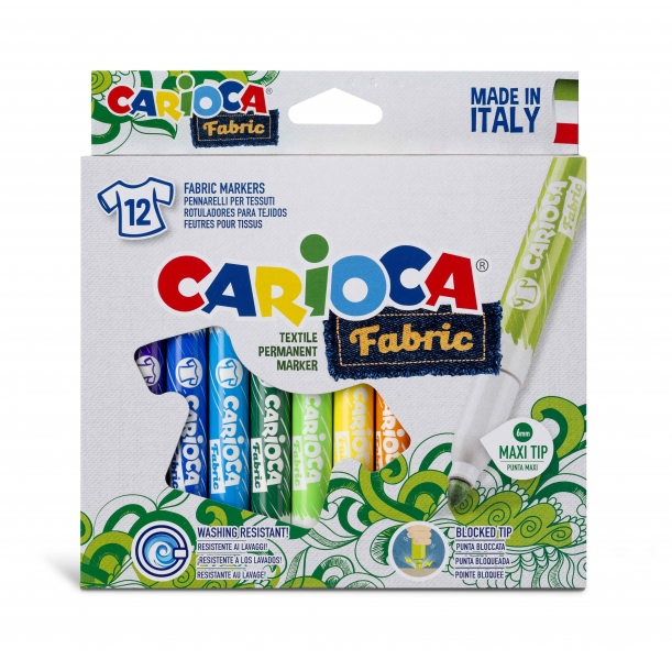 Carioca Fabric Pack de 12 Rotuladores para Tejidos - Punta Maxi Ø 6mm - Tinta Especial para Tejidos - Colores Indelebles - Planchar para Mayor Duracion y Brillo - Color Varios