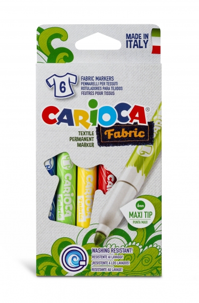 Carioca Fabric Pack de 6 Rotuladores para Tejidos - Punta Maxi Ø 6mm - Tinta Especial para Tejidos - Colores Indelebles Tras Aplicacion - Mayor Duracion y Brillo al Planchar Reverso - Color Varios