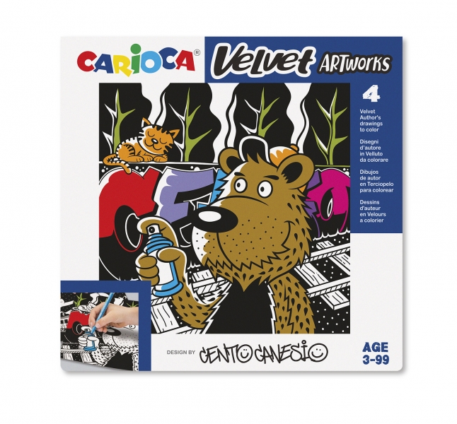 Carioca Velvet Artworks Pack de 4 Ilustraciones de Terciopelo para Colorear - Suave Textura - Desarrolla Destreza y Creatividad - En Colaboracion con Cento Canesio