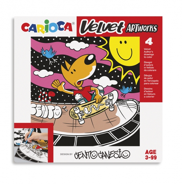 Carioca Velvet Artworks Pack de 4 Ilustraciones de Terciopelo para Colorear - Suave Textura - Desarrolla Destreza y Creatividad - En Colaboracion con Cento Canesio