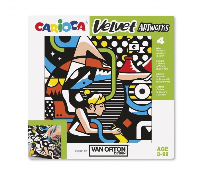 Carioca Velvet Artworks Pack de 4 Ilustraciones de Terciopelo para Colorear - Suave Textura - Desarrolla Destreza y Creatividad - En Colaboracion con Van Orton