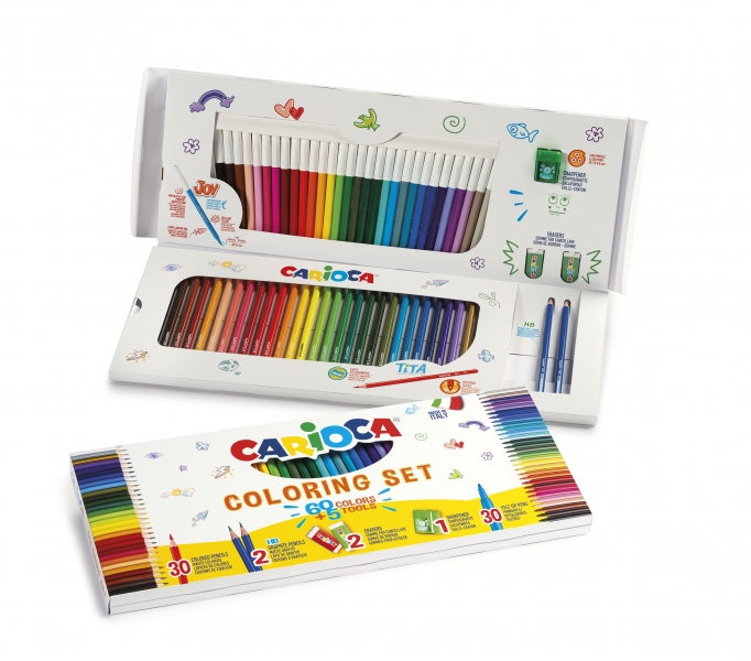 Carioca Joy Pack de 65 Piezas para Colorear - 30 Rotuladores Super Lavables - 30 Lapices de Color Superfuertes - 2 Gomas de Borrar - 2 Lapices de Grafito HB - 1 Sacapuntas con Deposito - Color Varios