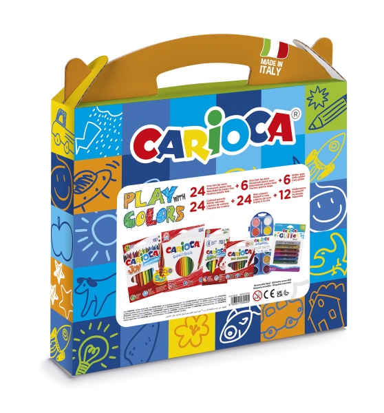 Carioca Play + Colors Pack Maletin de Plastico - 18 Lapices de Colores - 12 Acuarelas - 6 Rotuladores Jumbo Punta Maxi - 4 Rotuladores Joy Punta Fina - 24 Ceras - 6 Glitter Glues - Color Varios