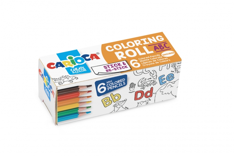 Carioca Mini Coloring Roll Abc de Papel Adhesivo para Colorear + 6 Lapices de Colores - Aplicable en Superficies Verticales u Horizontales - Reutilizable sin Residuos