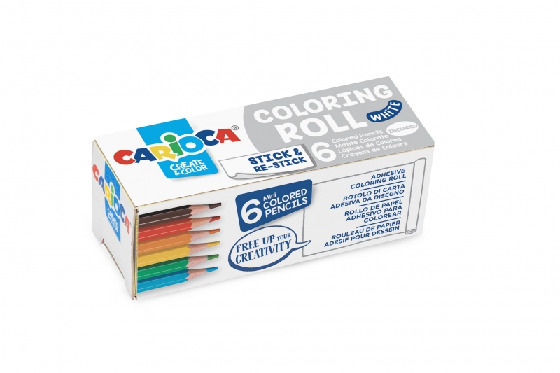 Carioca Mini Coloring Roll White Papel Adhesivo para Colorear + 6 Lapices de Colores - Aplicable en Superficies Verticales u Horizontales - Reutilizable sin Residuos