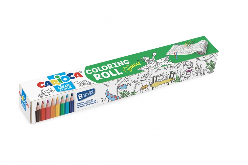 Carioca Coloring Roll Jungle Papel Adhesivo para Colorear - Aplicable en Superficies Verticales u Horizontales - Reutilizable sin Residuos - Incluye 8 Lapices de Colores - Color Varios