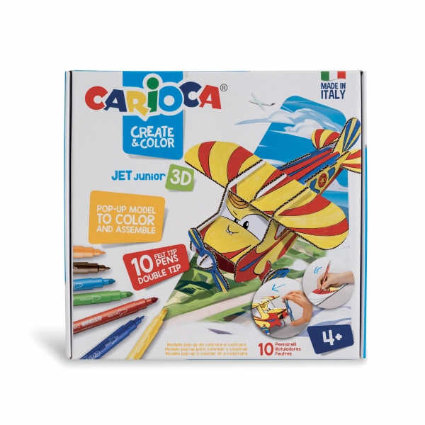 Carioca Pop-Up Jet Junior Modelos para Colorear y Construir + 10 Rotuladores Doble Punta Colores Surtidos - Aventura con Nuevos Compañeros de Viaje