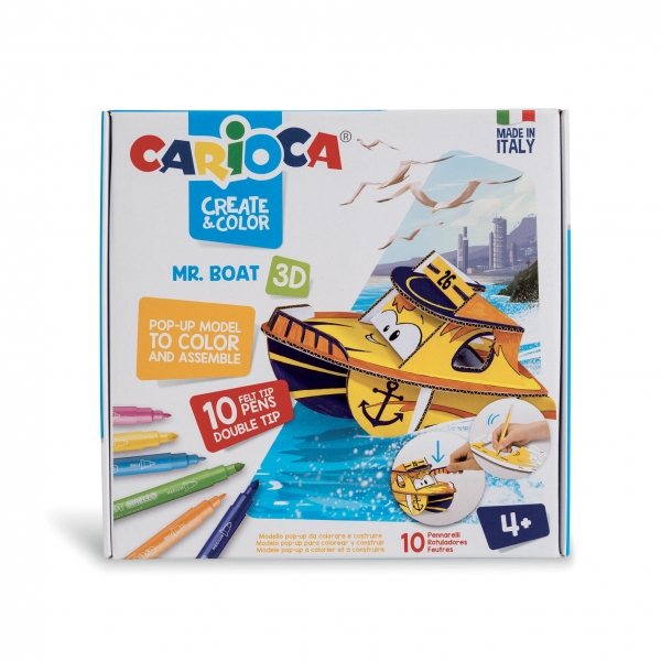 Carioca Pop-Up Pack de 10 Rotuladores Superlavables - Doble Punta - Fina y Media - para Colorear y Construir - Create & Color Transportes Mr. Boat 3D - Color Varios