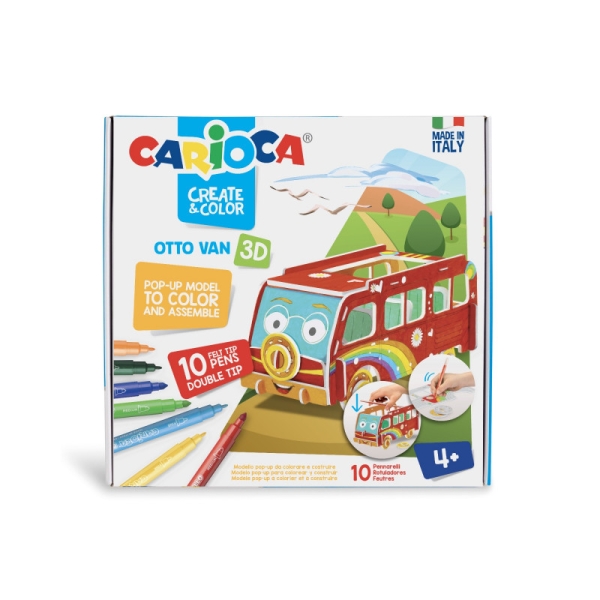 Carioca Pop-Up Otto Van Modelos para Colorear y Construir + 10 Rotuladores Doble Punta Colores Surtidos - Aventura con Nuevos Compañeros de Viaje