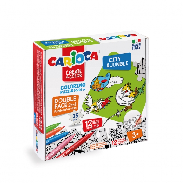 Carioca Create & Color Coloring Puzzle City & Jungle Puzzle de 35 Piezas a Doble Cara para Colorear + 12 Rotuladores - Dureza del Carton y Precision de Encajes - Colores Surtidos