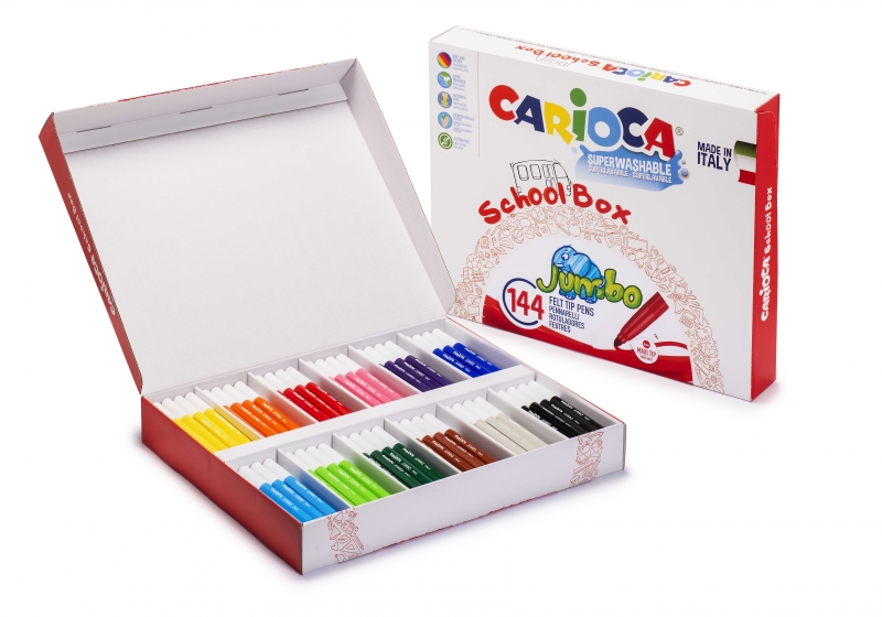 Carioca Jumbo School Box Pack de 144 Rotuladores - Punta Maxi 6mm Bloqueada - Tinta Superlavable - Tapa Ventilada - Ideal para Colegios - Colores Surtidos