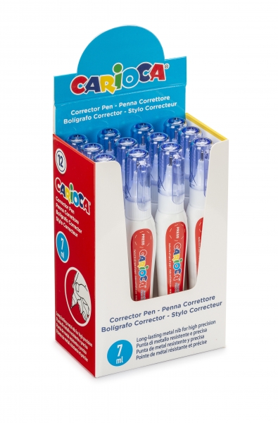 Carioca Corrector Pen Expositor de 12 Boligrafos Correctores - Punta de Metal Resistente y Precisa - Apto para Todo Tipo de Papel - Secado Rapido - Color Blanco