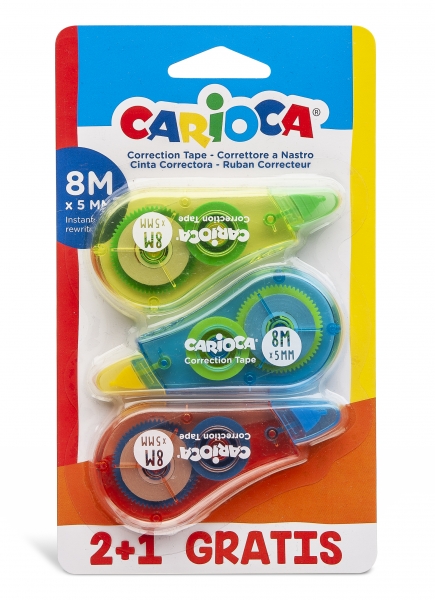 Pack Carioca Corrector de Cinta 2+1 - Cubriente - Se Puede Volver a Escribir Enseguida - Ideal para Cualquier Tipo de Papel - Color Varios