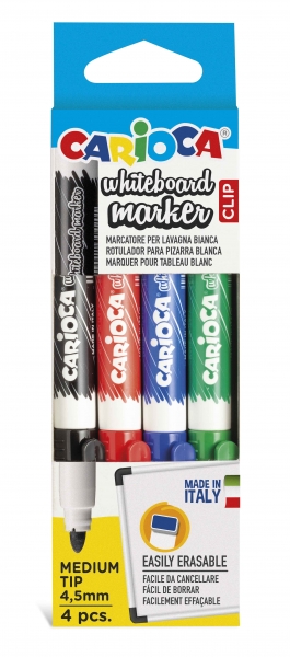 Carioca Whiteboard Clip Pack de 4 Rotuladores Borrables para Pizarras Blancas - Punta Media - Punta de Ø 4.5mm - Tapa con Clip - Secado Rapido - Color Varios