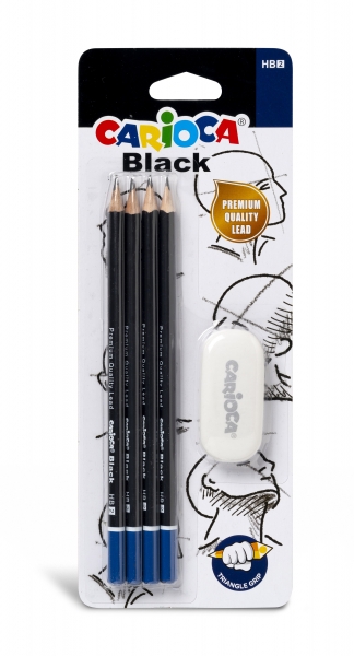 Carioca Blister de 4 Lapices de Grafito Black HB + Goma - Faciles de Borrar y Sacar Punta - Cuerpo Triangular Agradable al Tacto - Mina Resistente a Caidas - Color Negro