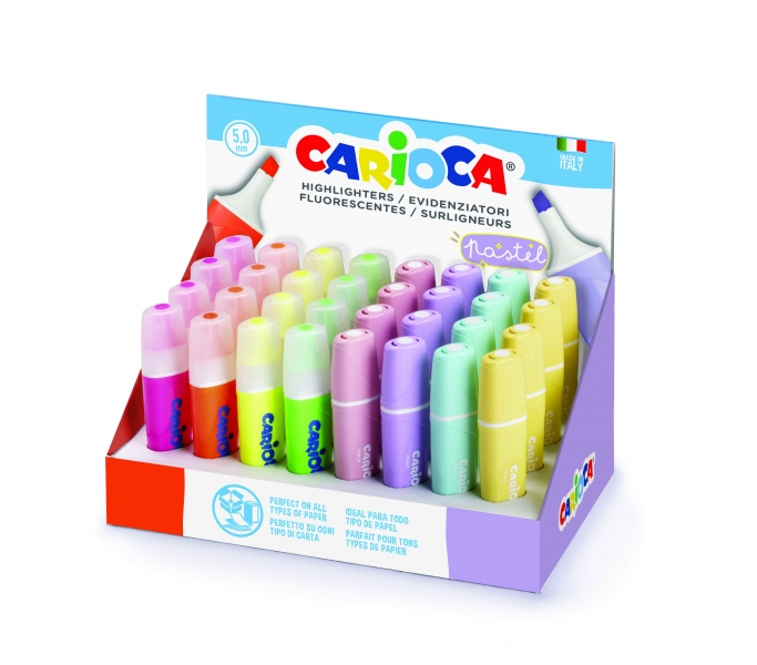 Carioca Memolight Expositor de 32 Subrayadores - Colores Fluo y Pastel - Brillantes y Lavables - Tinta a Base de Agua - Punta Biselada - Color Varios